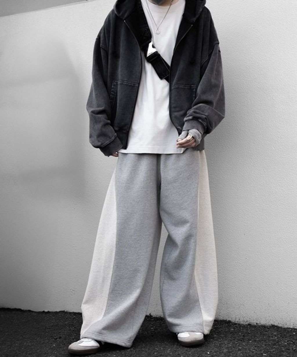 RUUBON 厚磅拼接寬版繭型休閒長褲(男女同款)_121