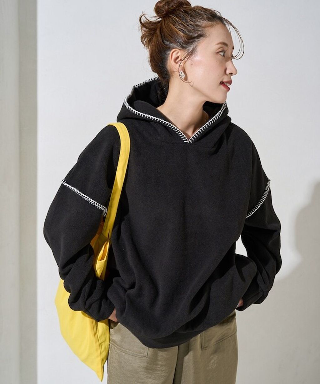 FREAKS STORE 毛毯縫線面料落肩剪裁保暖刷毛帽T_23