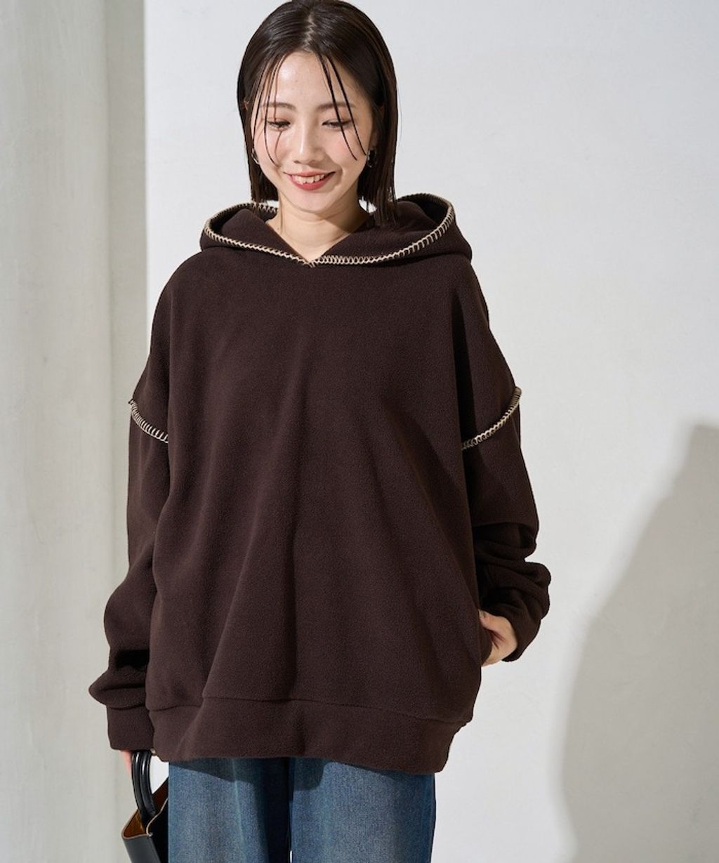 FREAKS STORE 毛毯縫線面料落肩剪裁保暖刷毛帽T_8