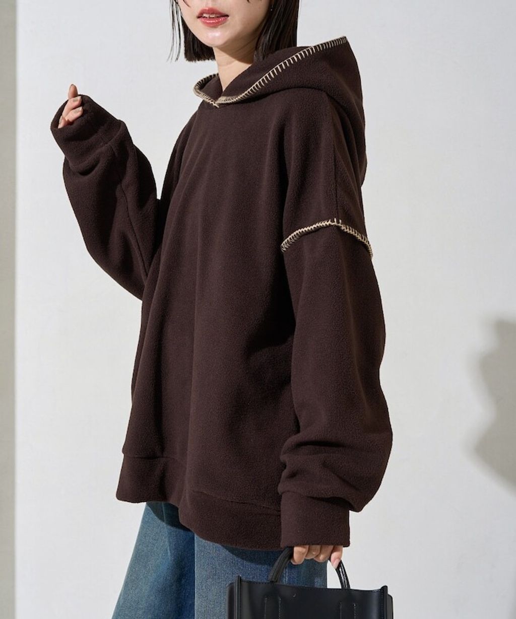 FREAKS STORE 毛毯縫線面料落肩剪裁保暖刷毛帽T_10