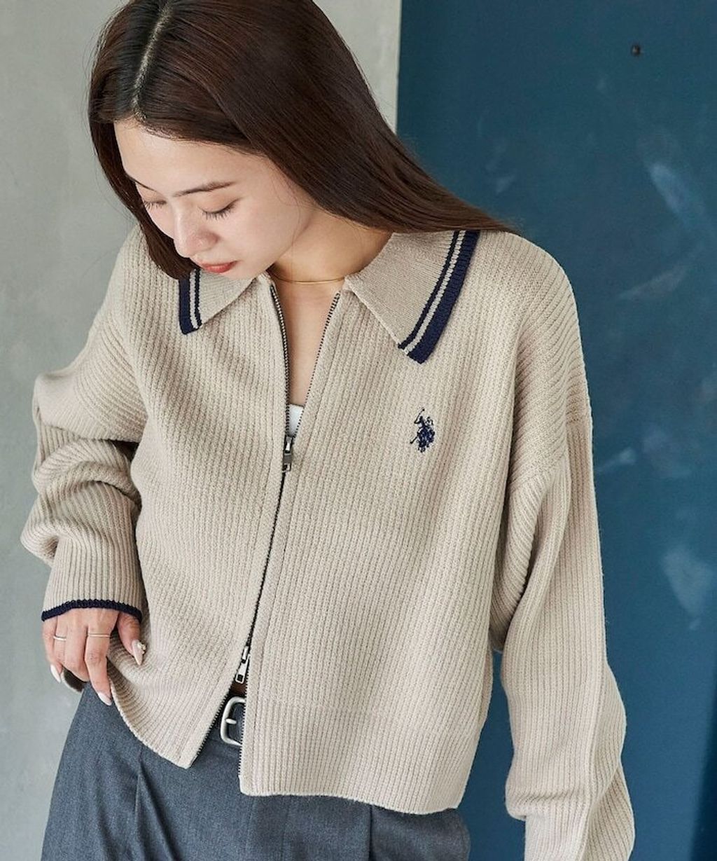 U.S. POLO ASSN. 領口條紋Y2K風格短版針織外套_47