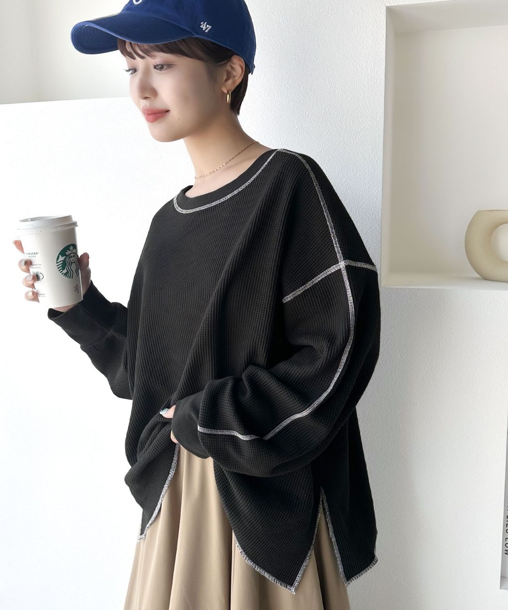 java 正反兩穿縫線華夫格長袖上衣_9