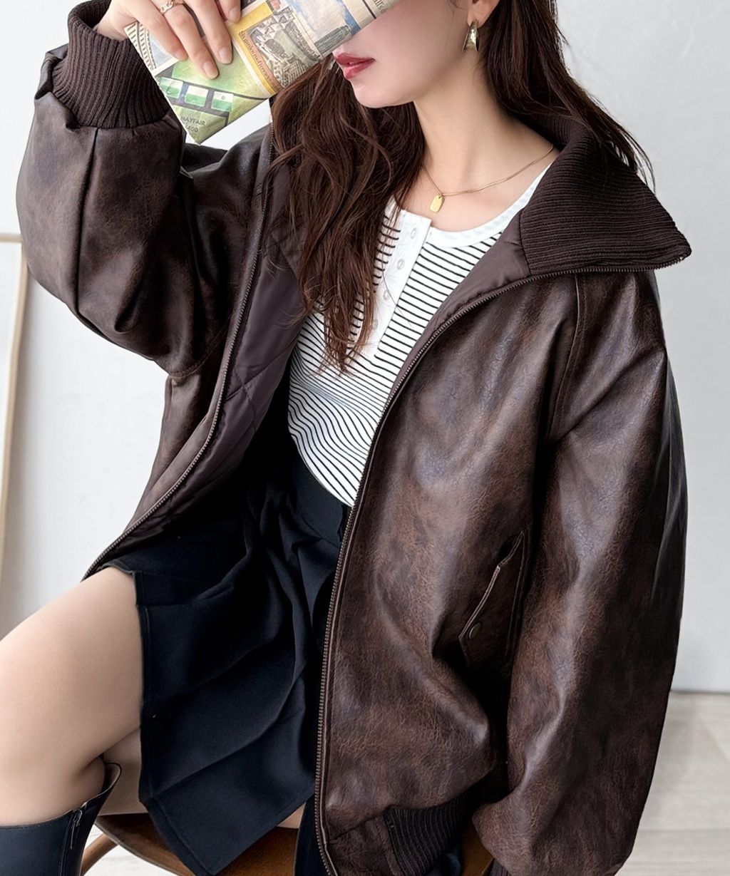 java 仿舊皮革復古質感中棉高領夾克(男女同款)_25