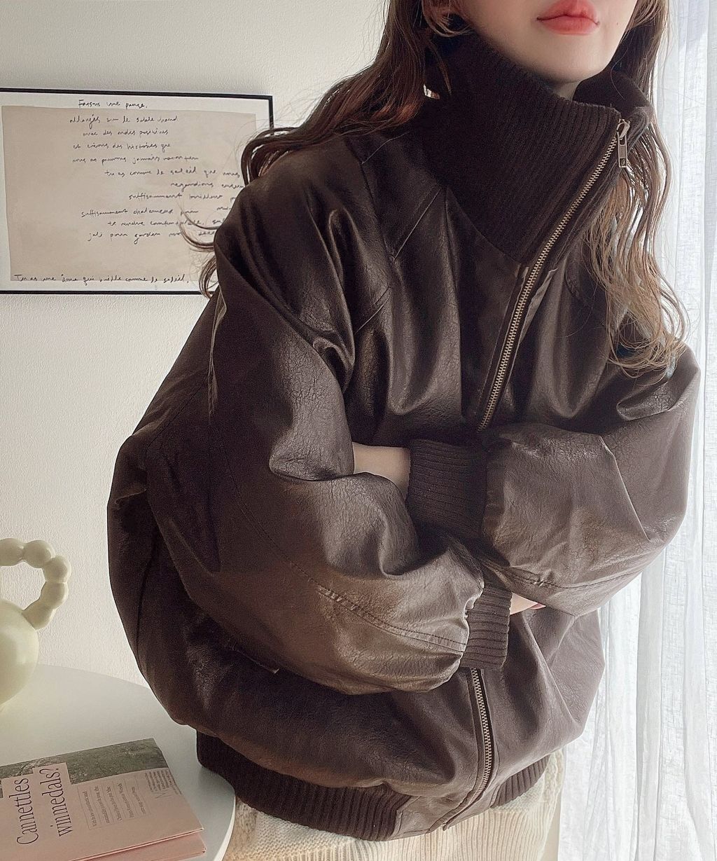 java 仿舊皮革復古質感中棉高領夾克(男女同款)_30