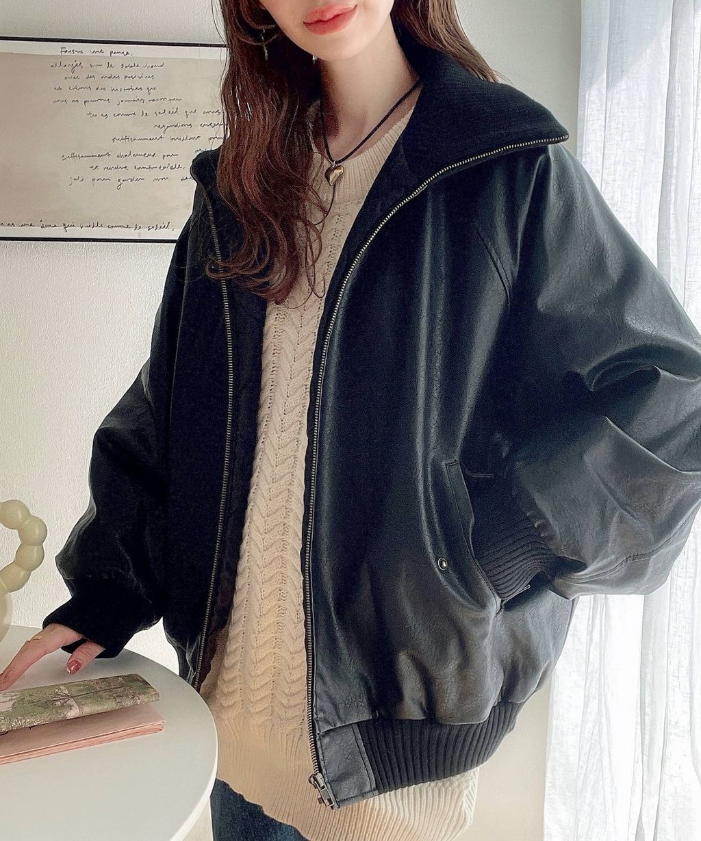 java 仿舊皮革復古質感中棉高領夾克(男女同款)_15