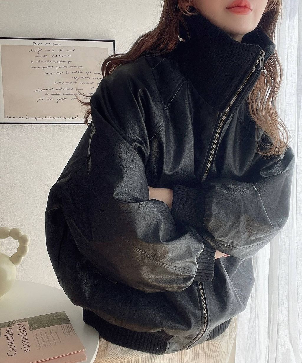 java 仿舊皮革復古質感中棉高領夾克(男女同款)_2