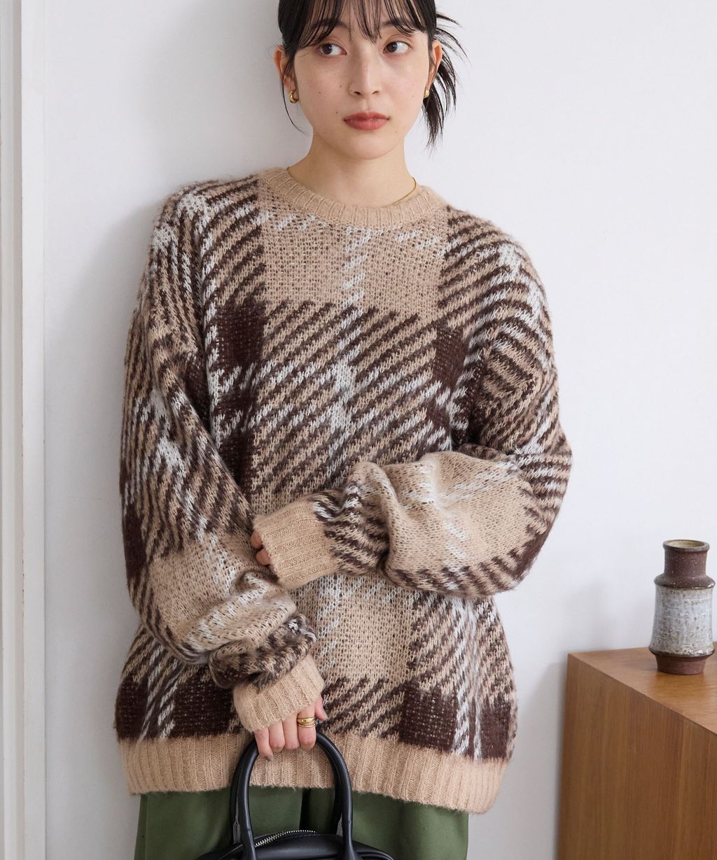 THE CRAFT CREW PRODUCTS 可水洗格紋提花寬版圓領針織毛衣_1