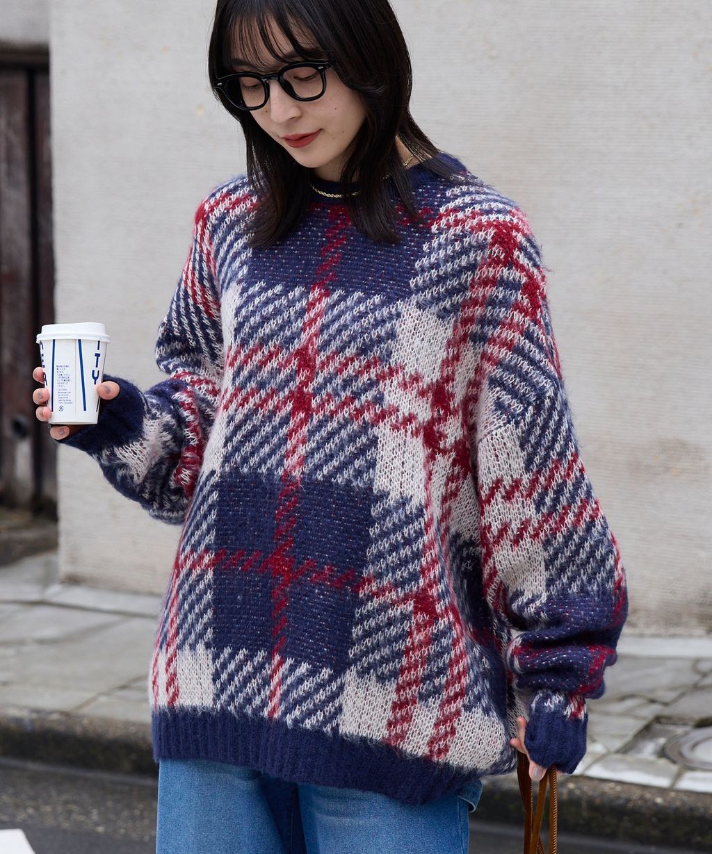 THE CRAFT CREW PRODUCTS 可水洗格紋提花寬版圓領針織毛衣_2