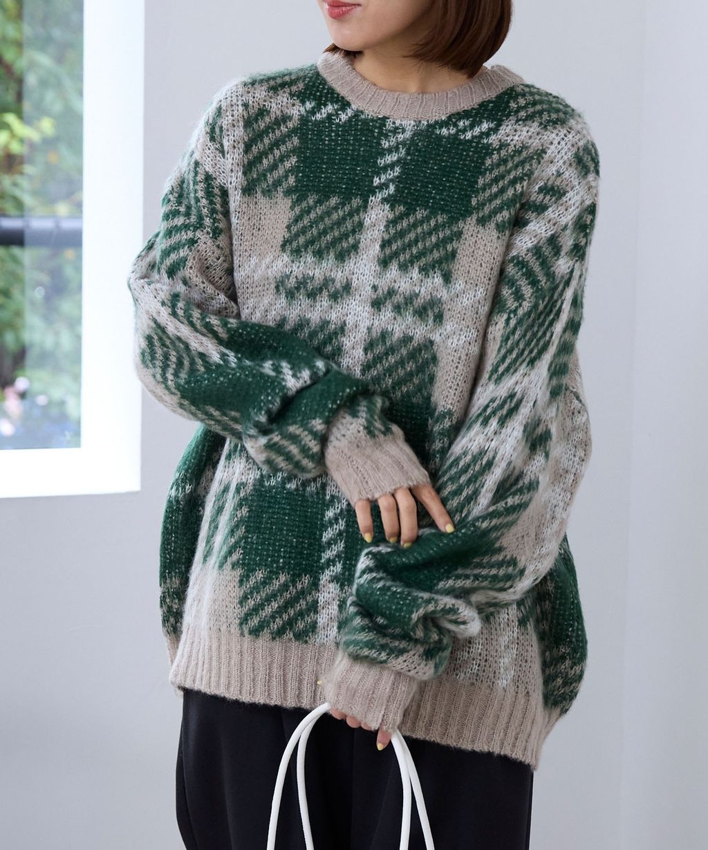 THE CRAFT CREW PRODUCTS 可水洗格紋提花寬版圓領針織毛衣_4