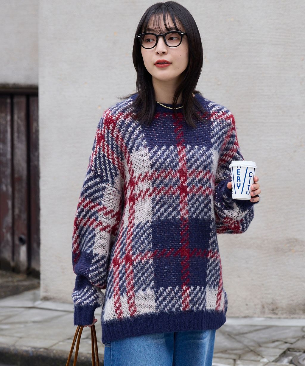 THE CRAFT CREW PRODUCTS 可水洗格紋提花寬版圓領針織毛衣_9