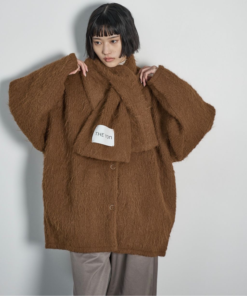 THE YOn 毛絨無領中長版大衣(附圍巾)_2