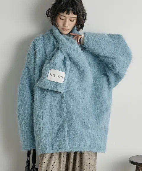 THE YOn 毛絨無領中長版大衣(附圍巾)_3