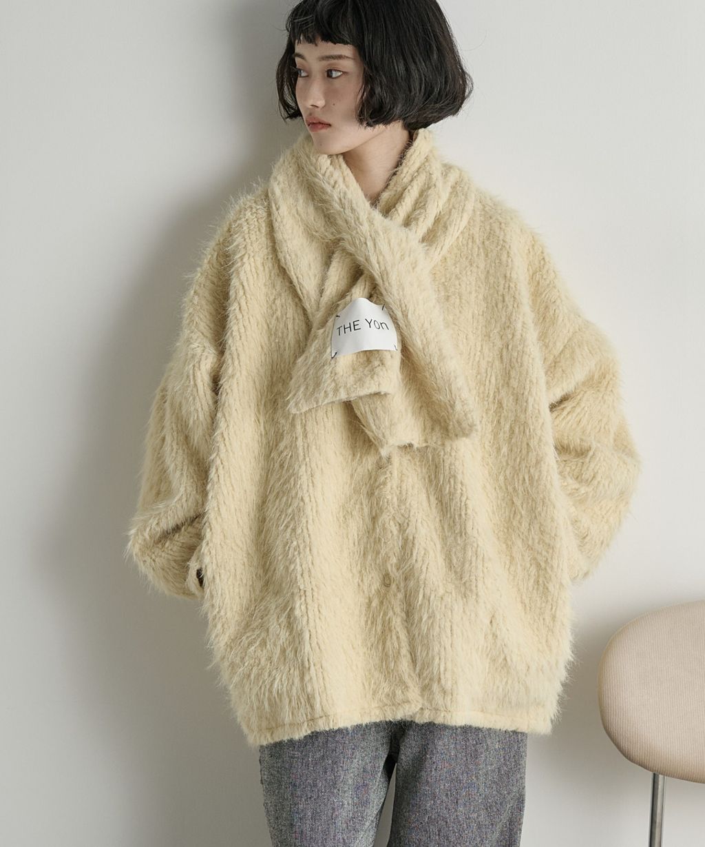 THE YOn 毛絨無領中長版大衣(附圍巾)_4