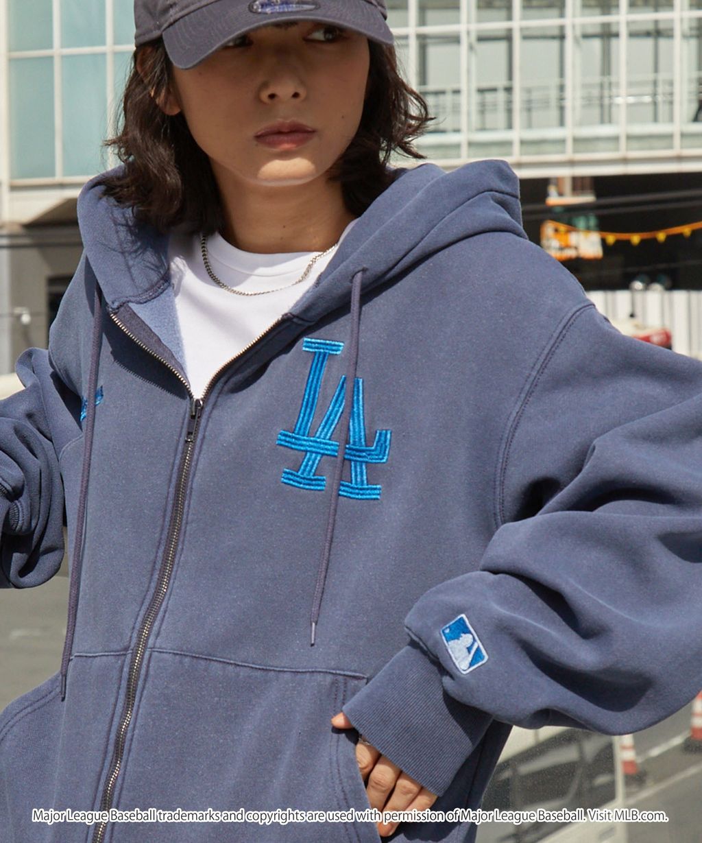 MLB限定別注款 刺繡復古水染雙拉鍊高磅刷毛連帽外套_2