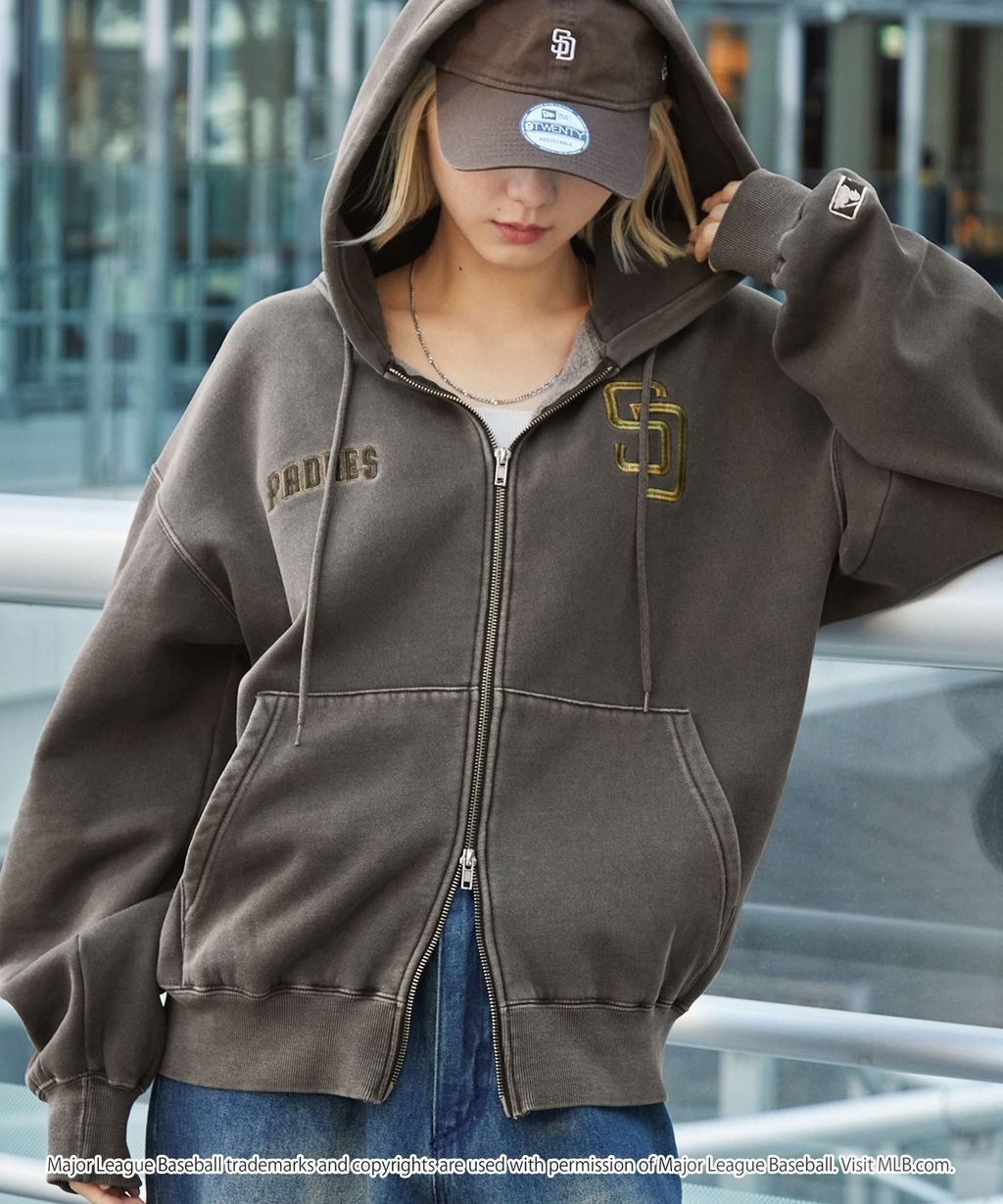 MLB限定別注款 刺繡復古水染雙拉鍊高磅刷毛連帽外套_3