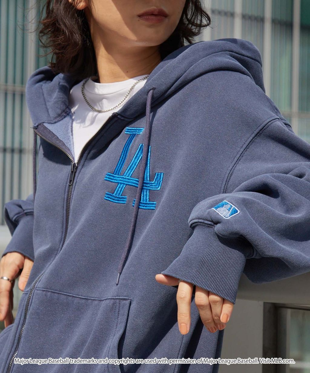MLB限定別注款 刺繡復古水染雙拉鍊高磅刷毛連帽外套_16