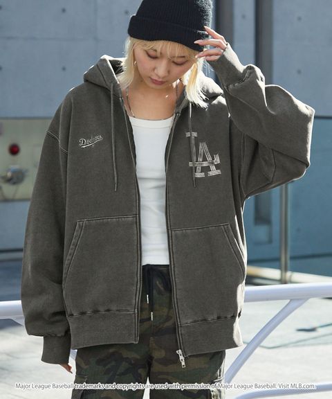 MLB限定別注款 刺繡復古水染雙拉鍊高磅刷毛連帽外套_14