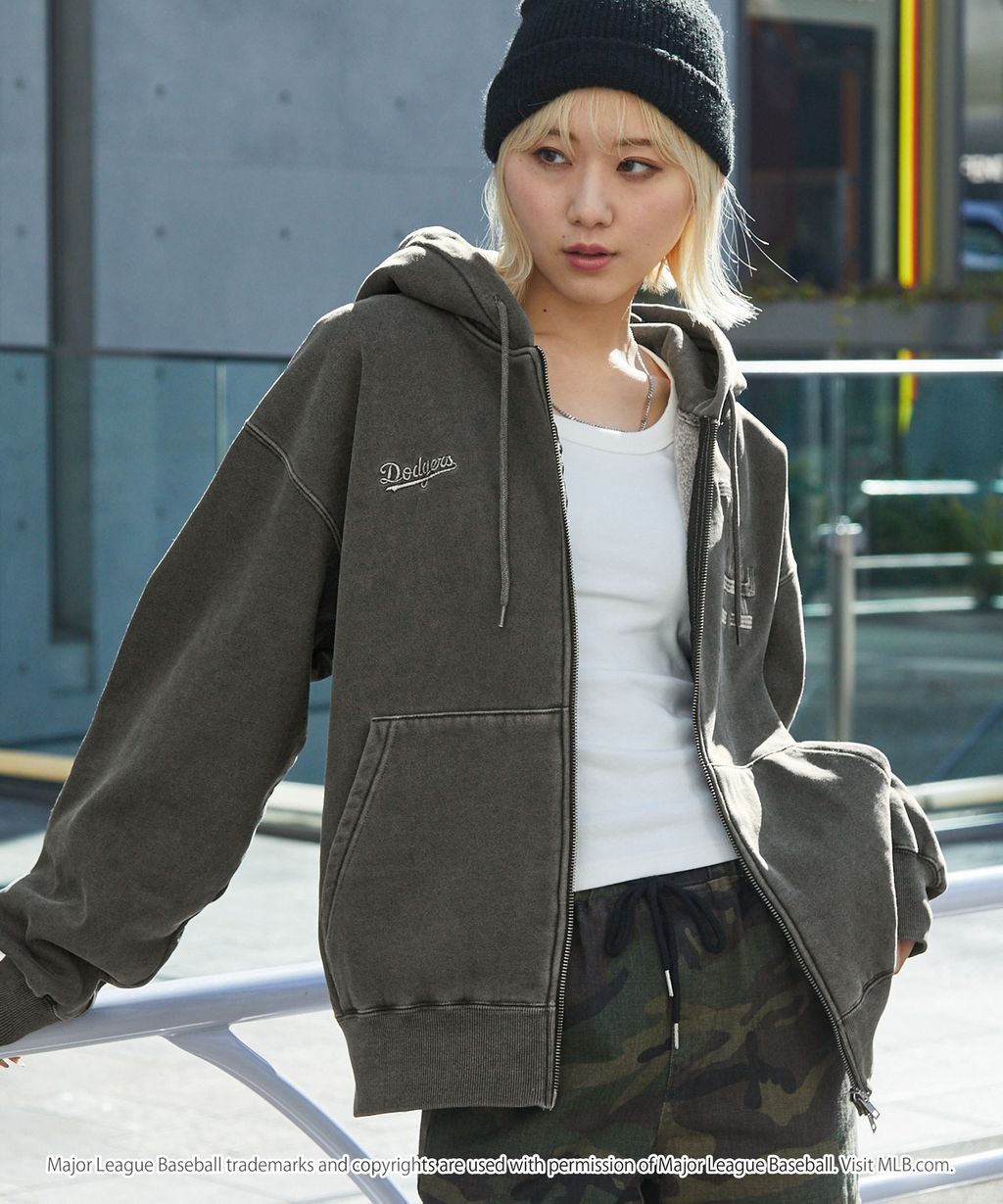 MLB限定別注款 刺繡復古水染雙拉鍊高磅刷毛連帽外套_15