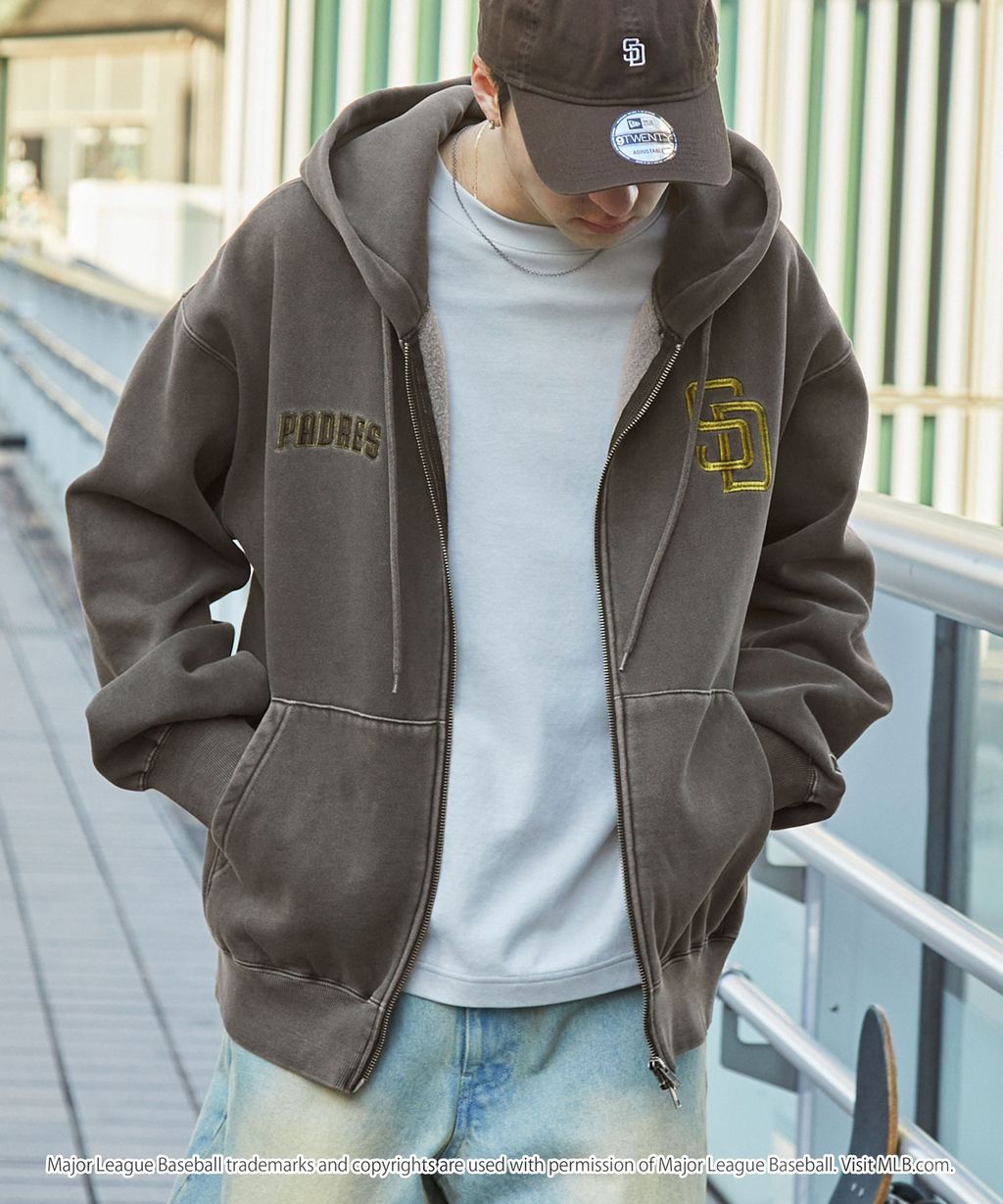 MLB限定別注款 刺繡復古水染雙拉鍊高磅刷毛連帽外套_90