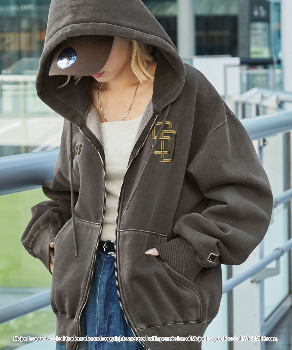 MLB限定別注款 刺繡復古水染雙拉鍊高磅刷毛連帽外套_63