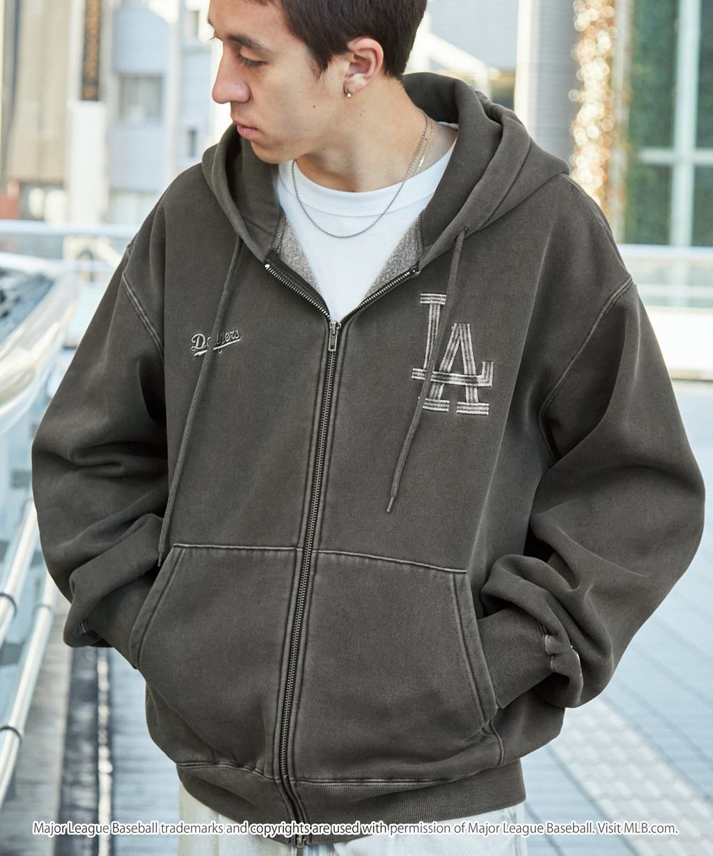 MLB限定別注款 刺繡復古水染雙拉鍊高磅刷毛連帽外套_80