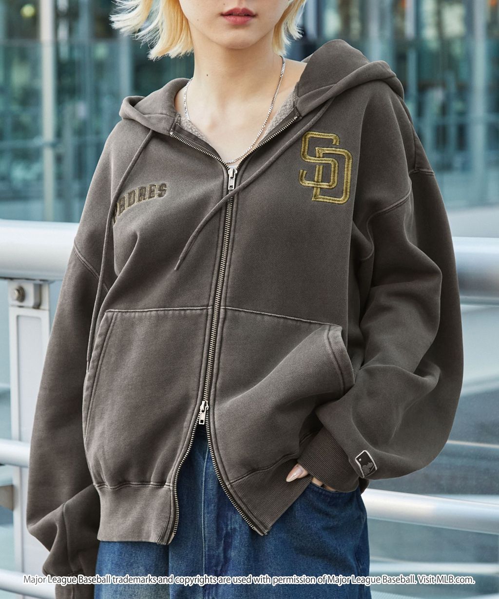 MLB限定別注款 刺繡復古水染雙拉鍊高磅刷毛連帽外套_62