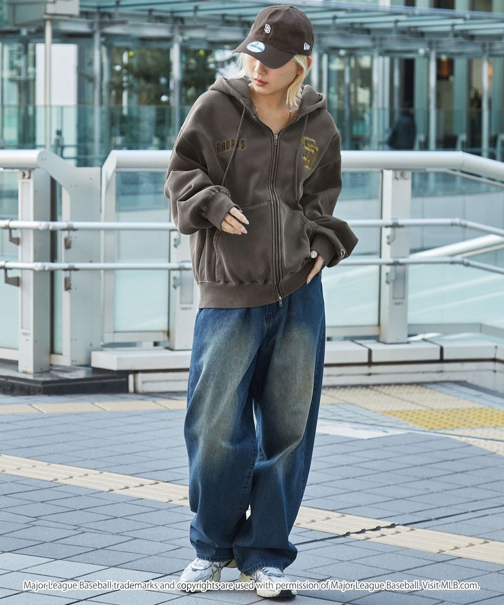 MLB限定別注款 刺繡復古水染雙拉鍊高磅刷毛連帽外套_66