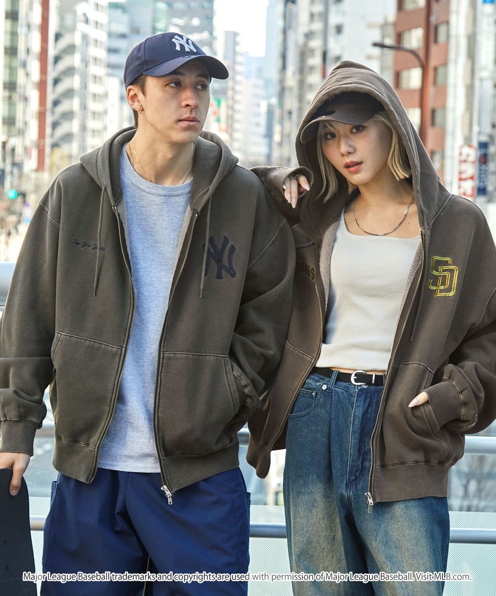 MLB限定別注款 刺繡復古水染雙拉鍊高磅刷毛連帽外套_70