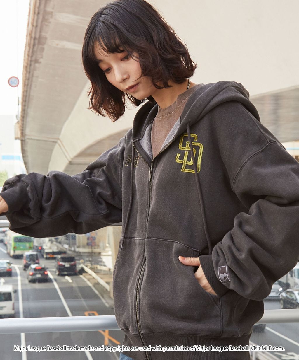 MLB限定別注款 刺繡復古水染雙拉鍊高磅刷毛連帽外套_116