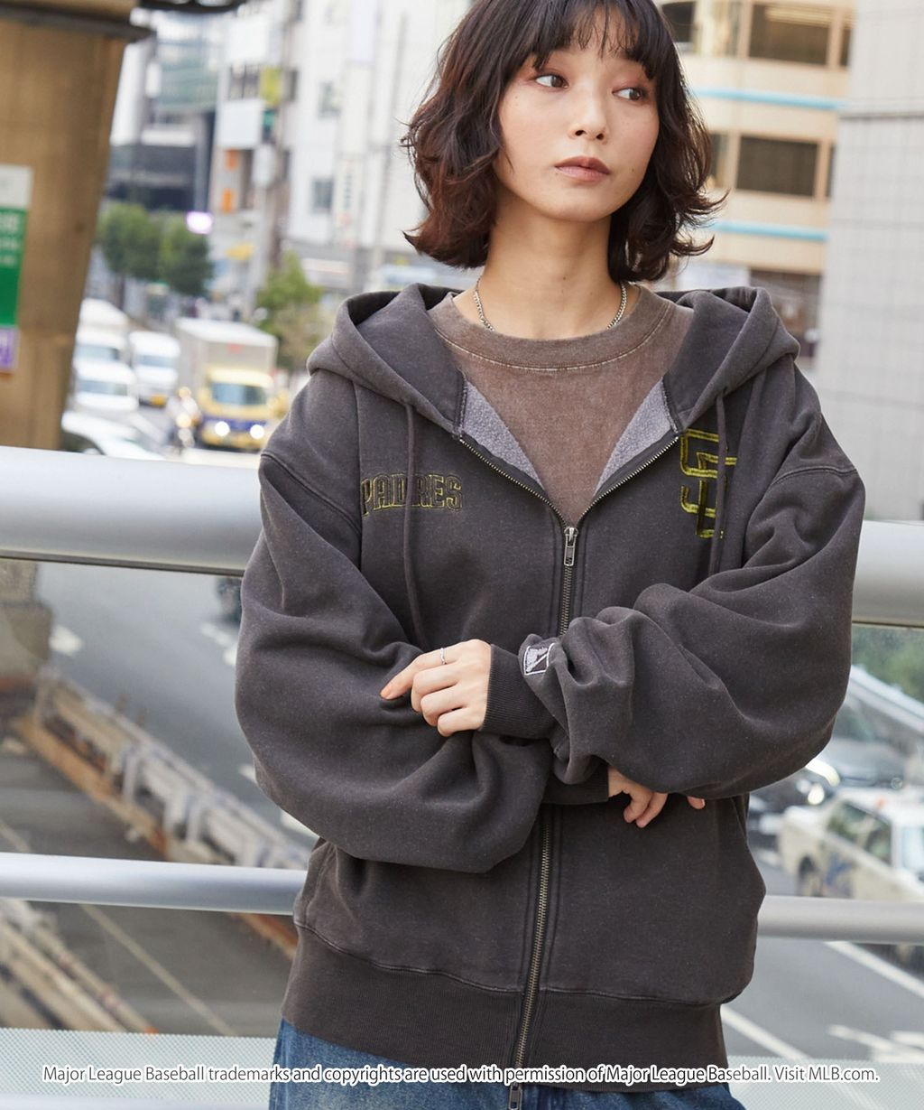 MLB限定別注款 刺繡復古水染雙拉鍊高磅刷毛連帽外套_115
