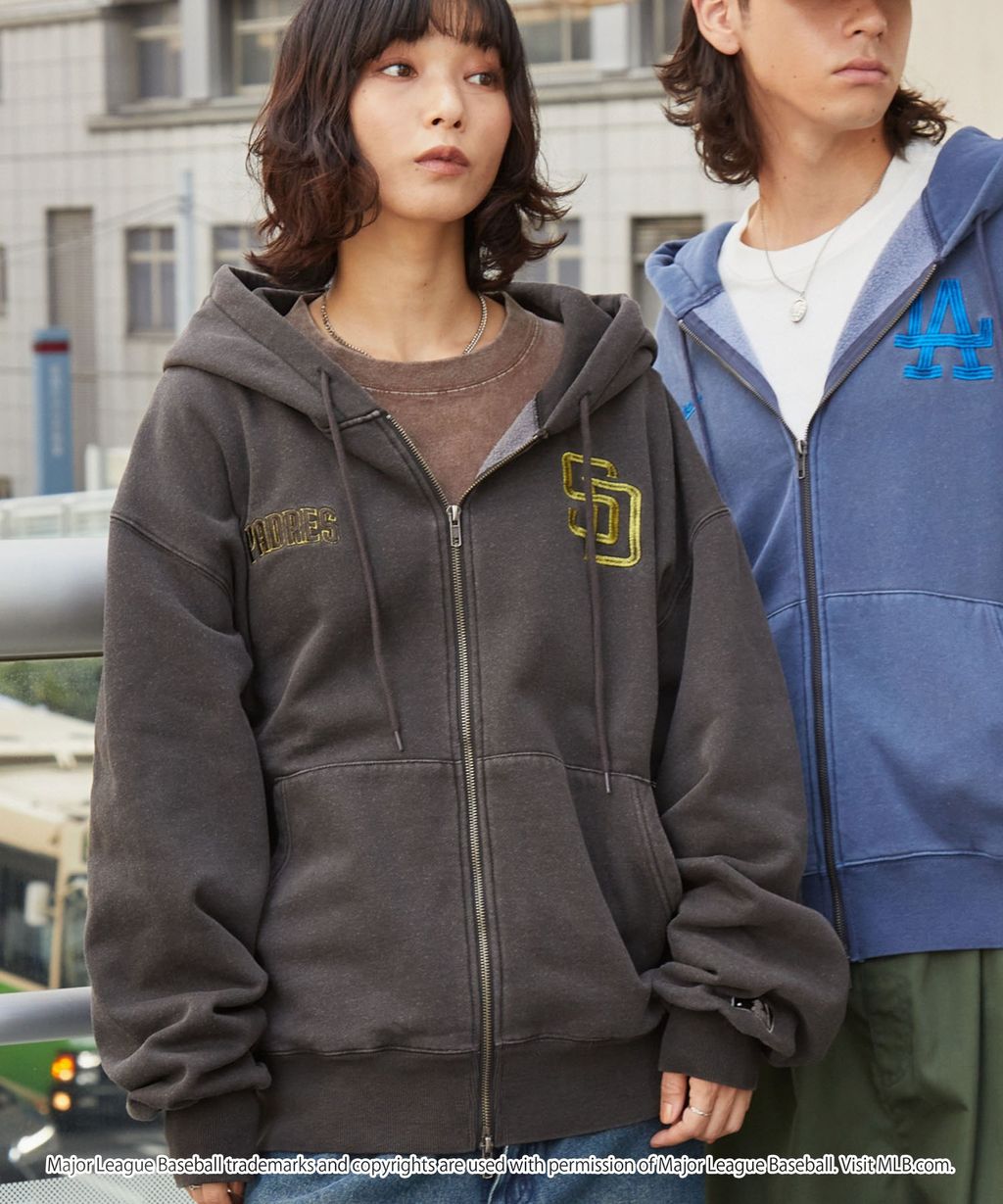 MLB限定別注款 刺繡復古水染雙拉鍊高磅刷毛連帽外套_114