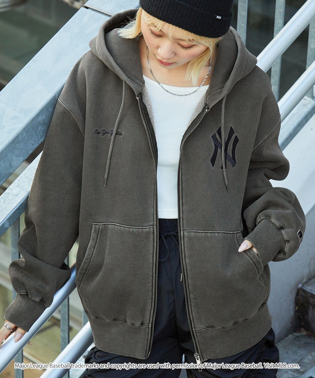 MLB限定別注款 刺繡復古水染雙拉鍊高磅刷毛連帽外套_112