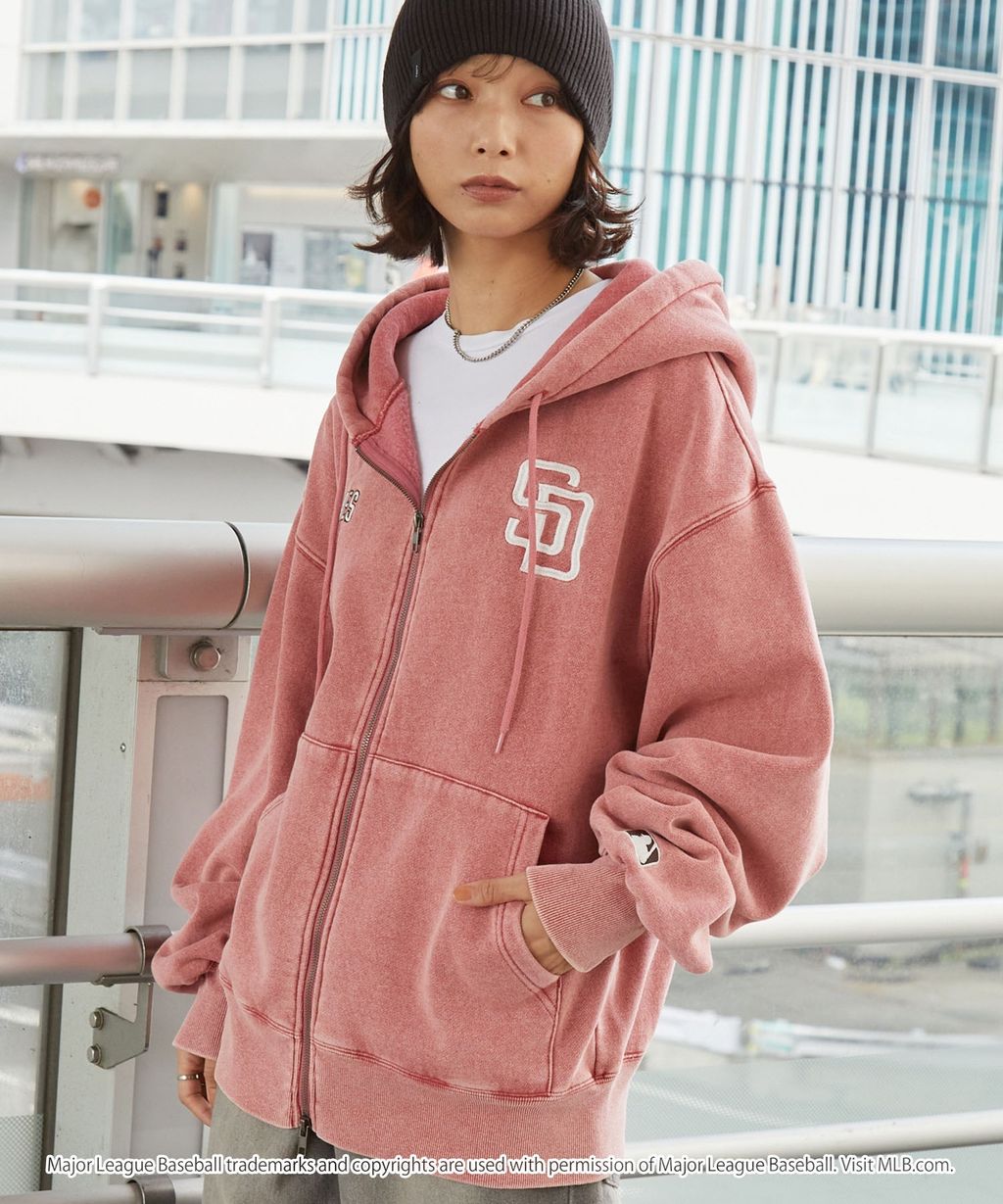 MLB限定別注款 刺繡復古水染雙拉鍊高磅刷毛連帽外套_126