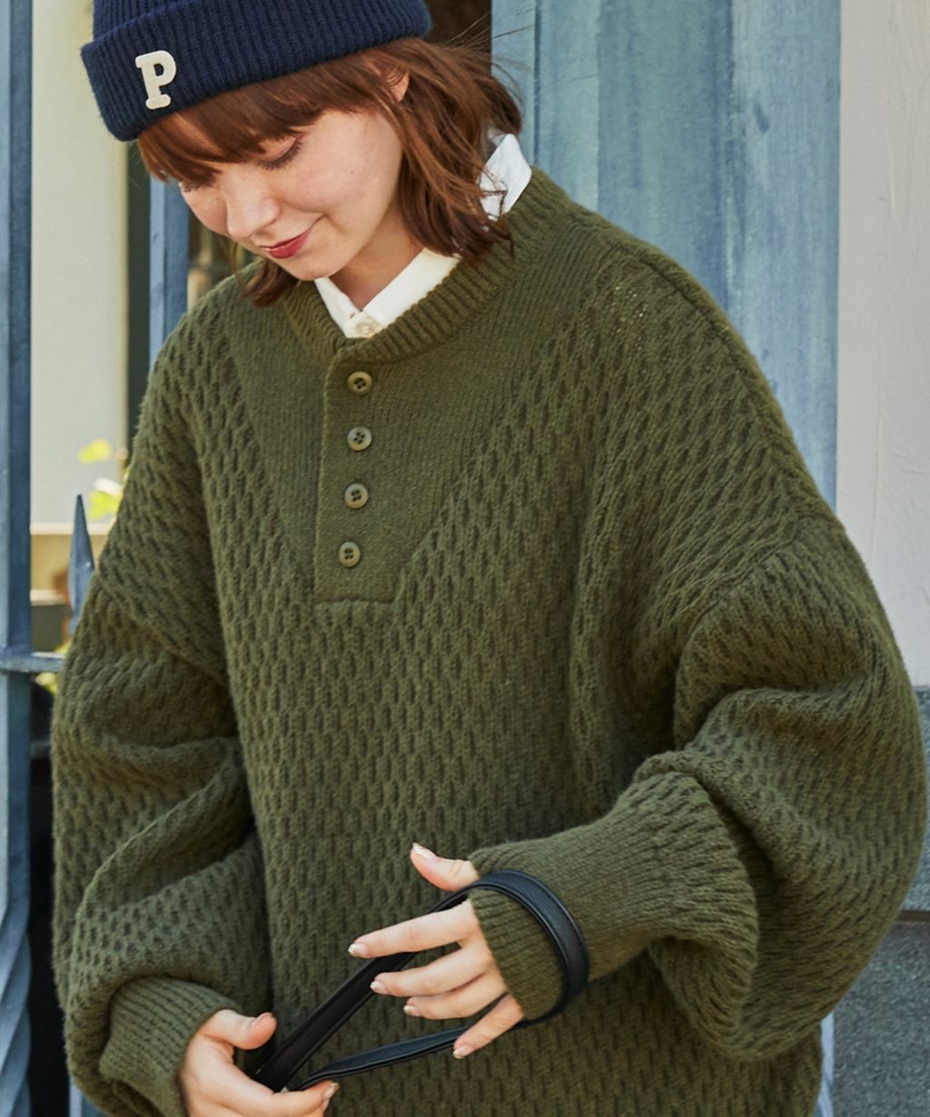 MONO-MART 華夫格針織亨利領毛衣_5