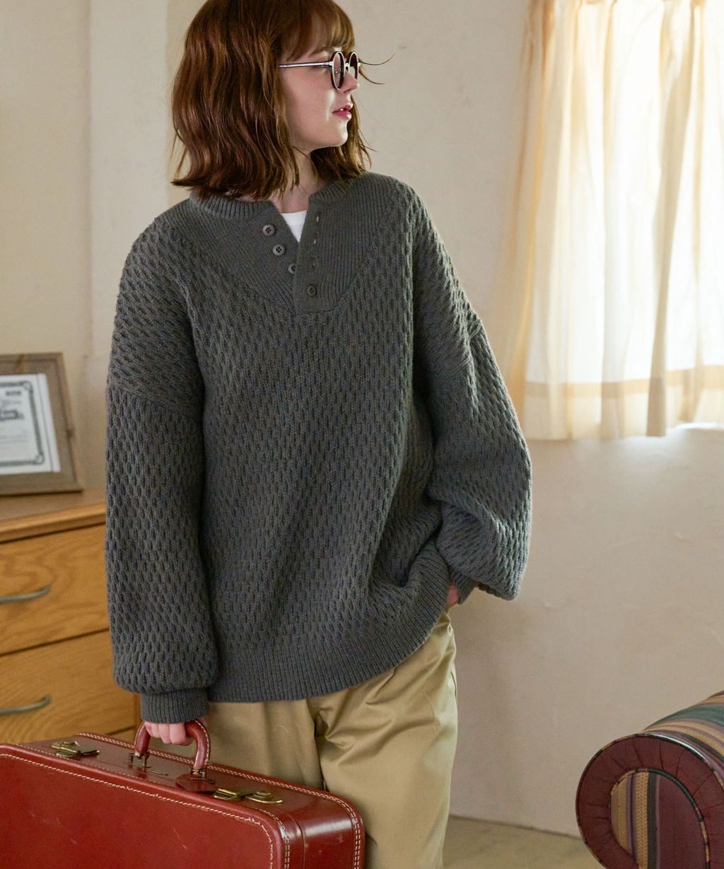MONO-MART 華夫格針織亨利領毛衣_77