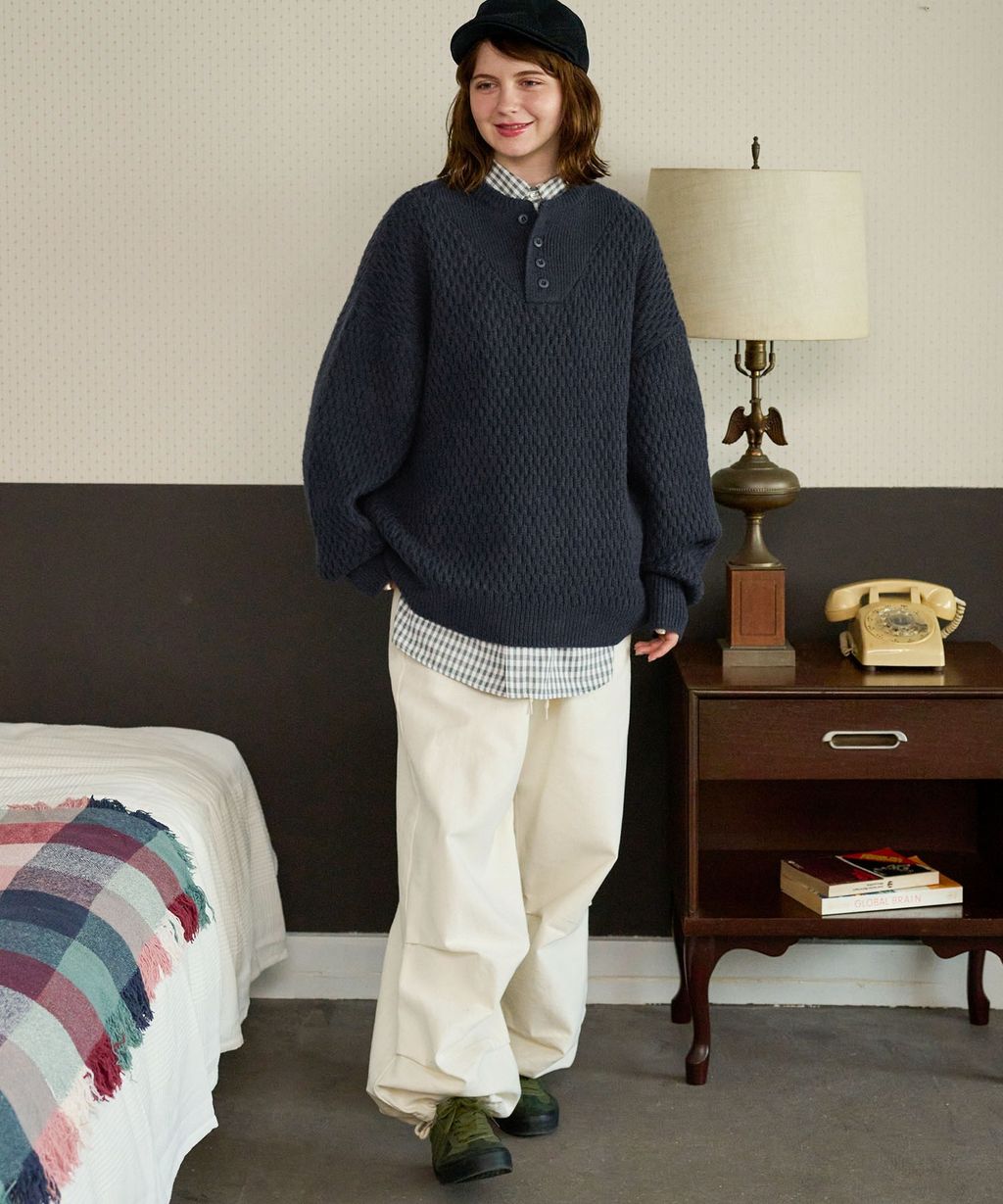 MONO-MART 華夫格針織亨利領毛衣_80