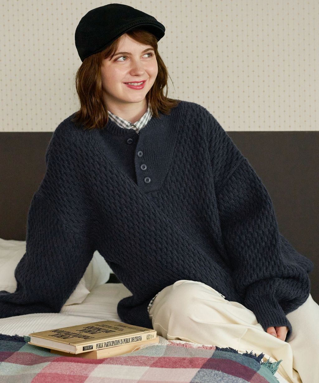 MONO-MART 華夫格針織亨利領毛衣_79