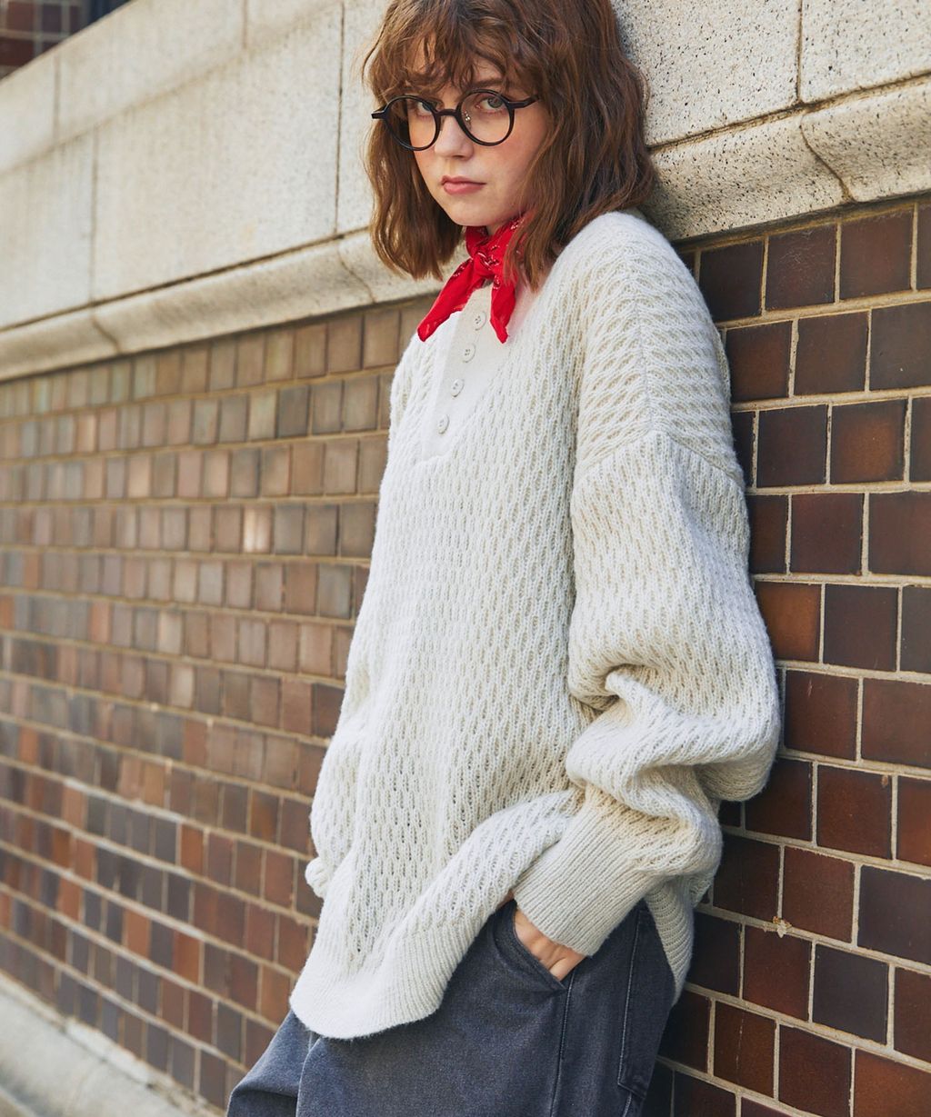 MONO-MART 華夫格針織亨利領毛衣_43