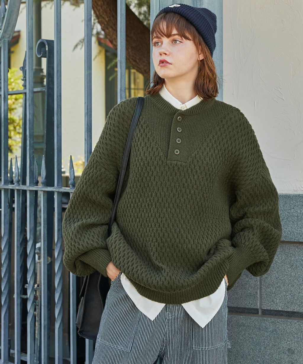 MONO-MART 華夫格針織亨利領毛衣_59