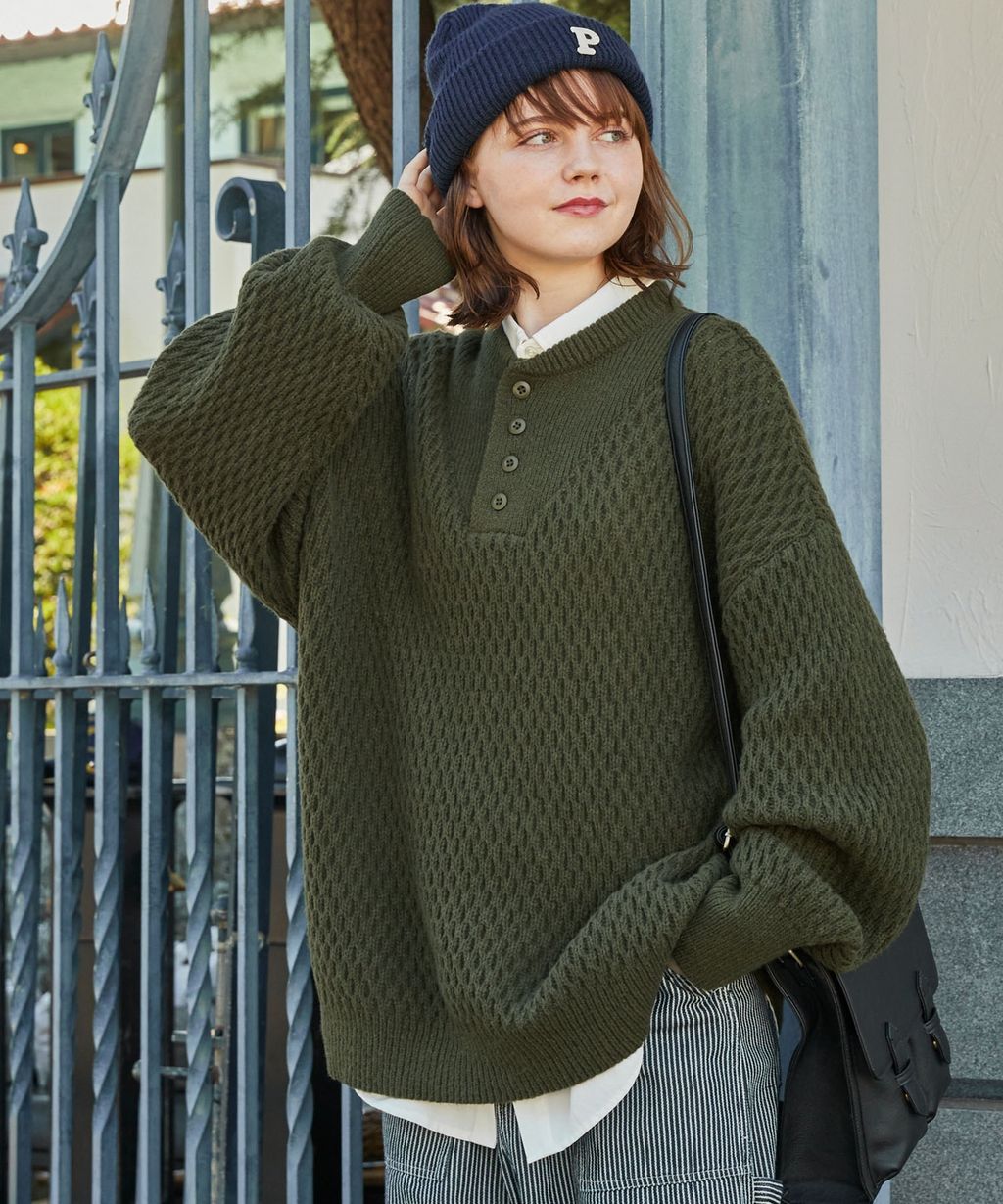 MONO-MART 華夫格針織亨利領毛衣_60