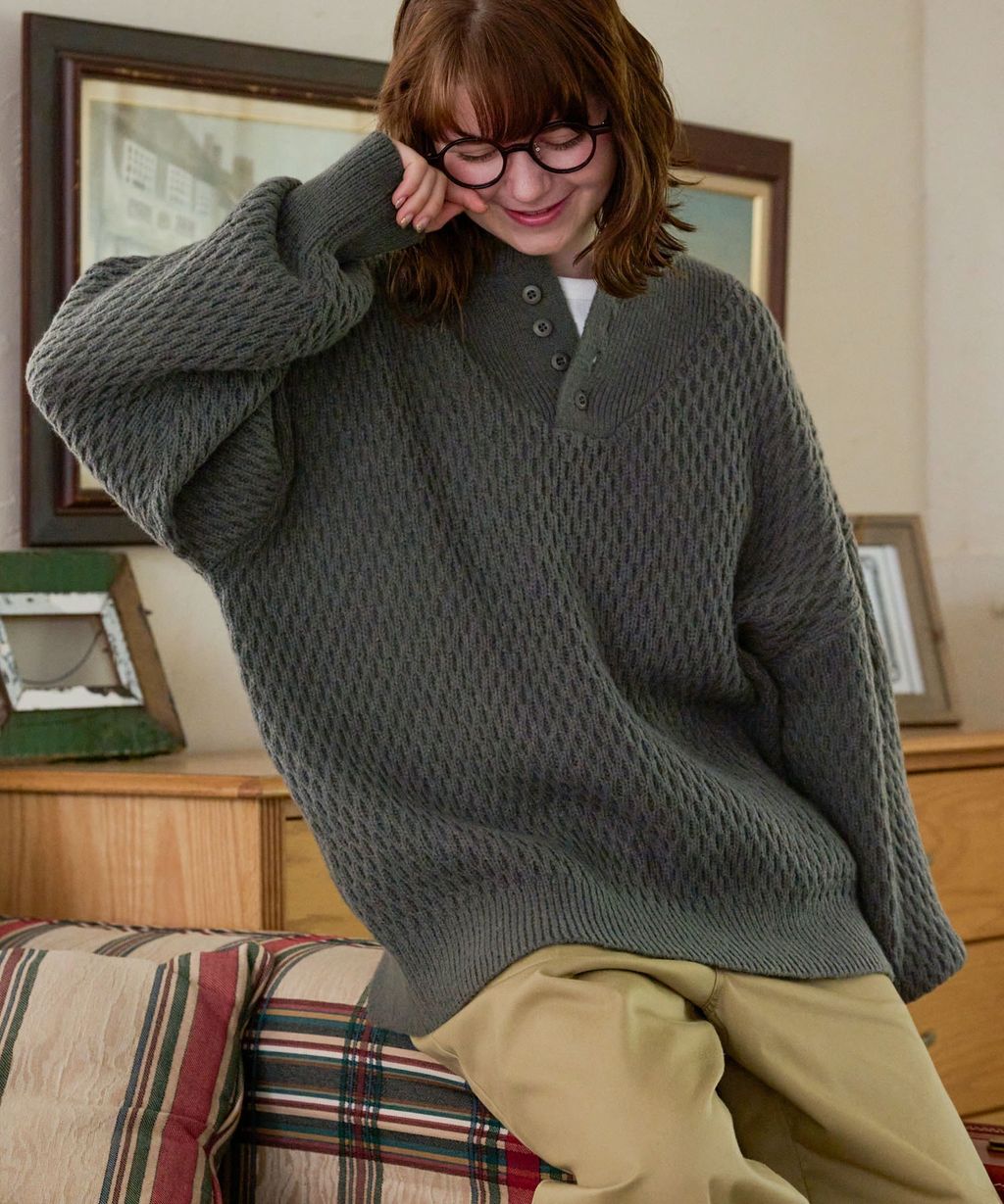 MONO-MART 華夫格針織亨利領毛衣_107