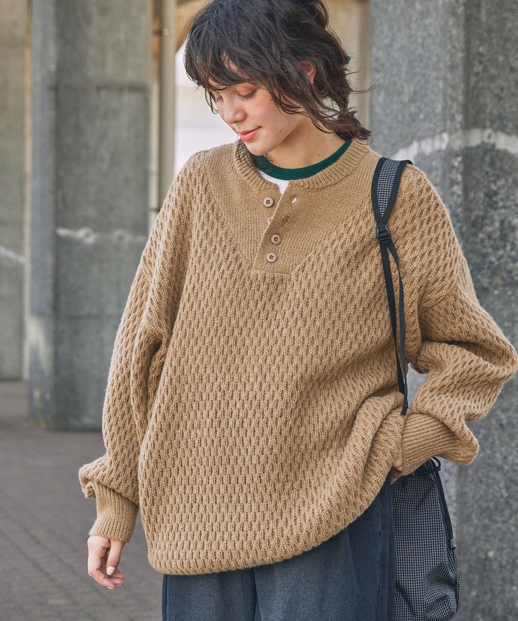 MONO-MART 華夫格針織亨利領毛衣_124