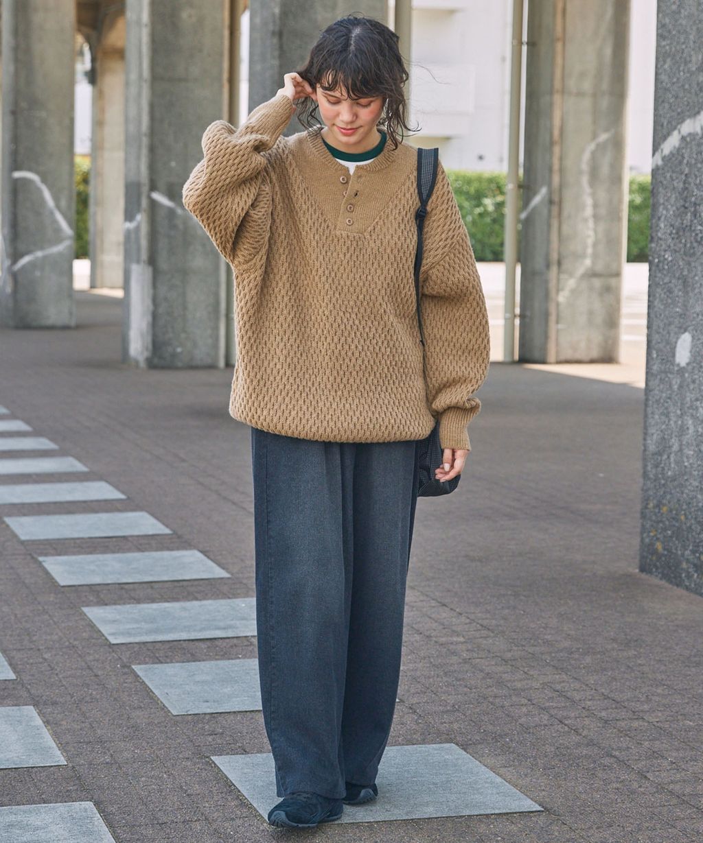 MONO-MART 華夫格針織亨利領毛衣_129