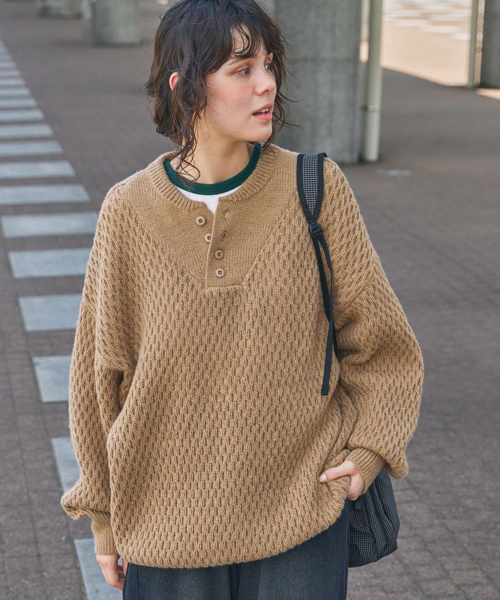 MONO-MART 華夫格針織亨利領毛衣_122