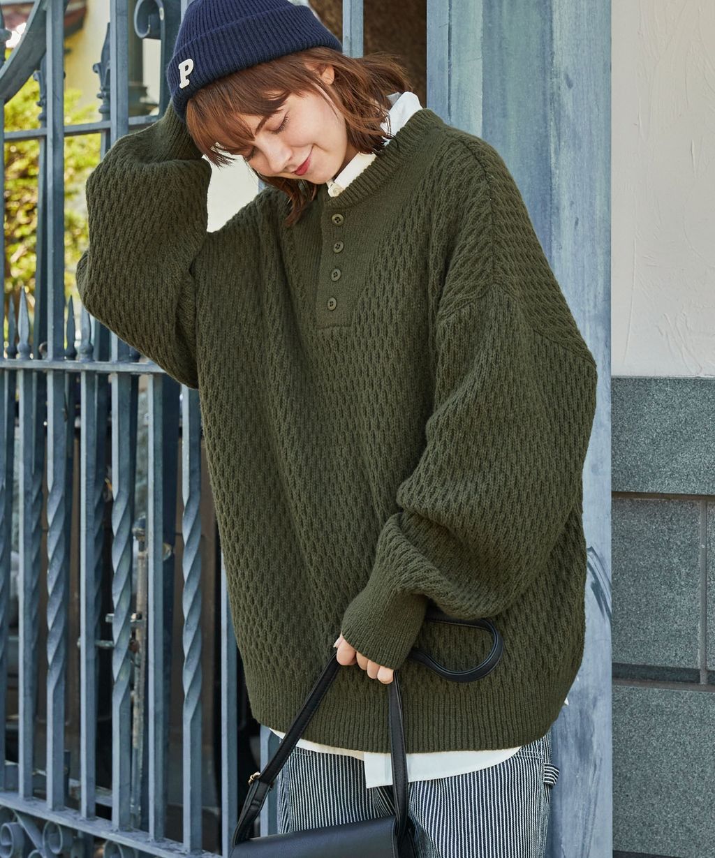 MONO-MART 華夫格針織亨利領毛衣_110