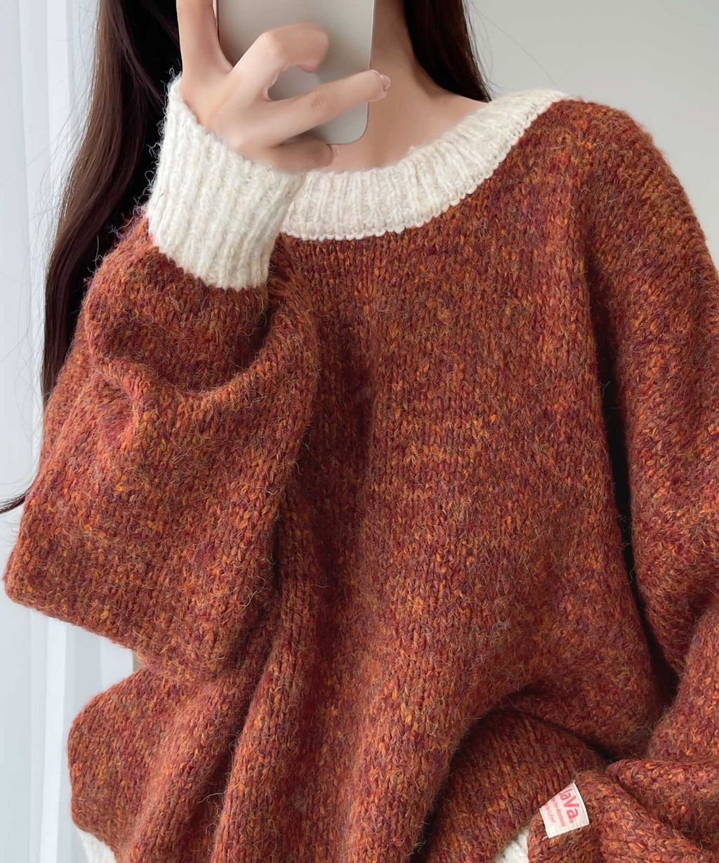 java 前後兩穿復古混紗保暖亨利領針織上衣_2