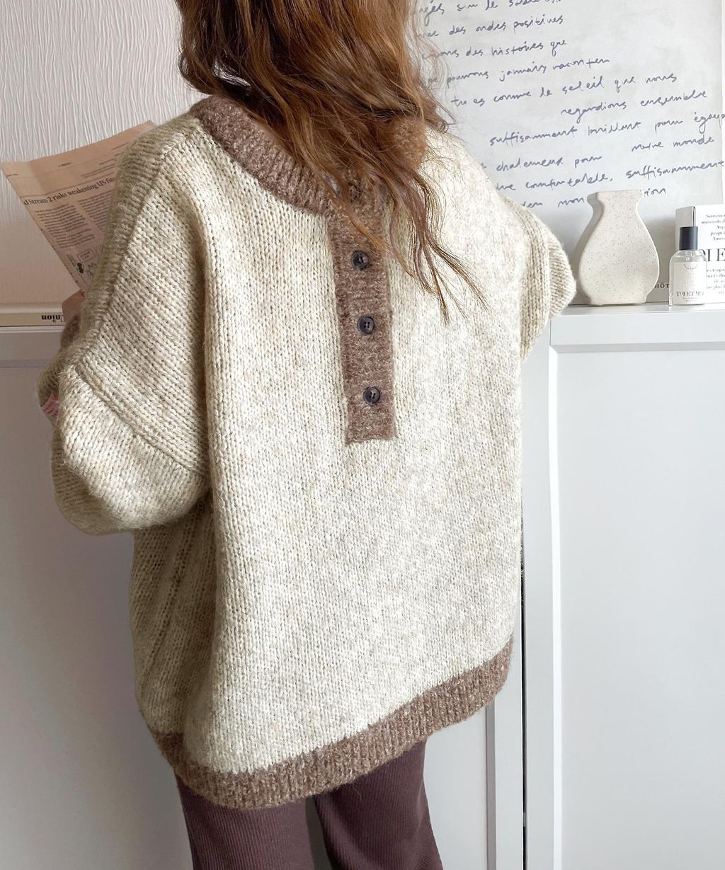 java 前後兩穿復古混紗保暖亨利領針織上衣_11