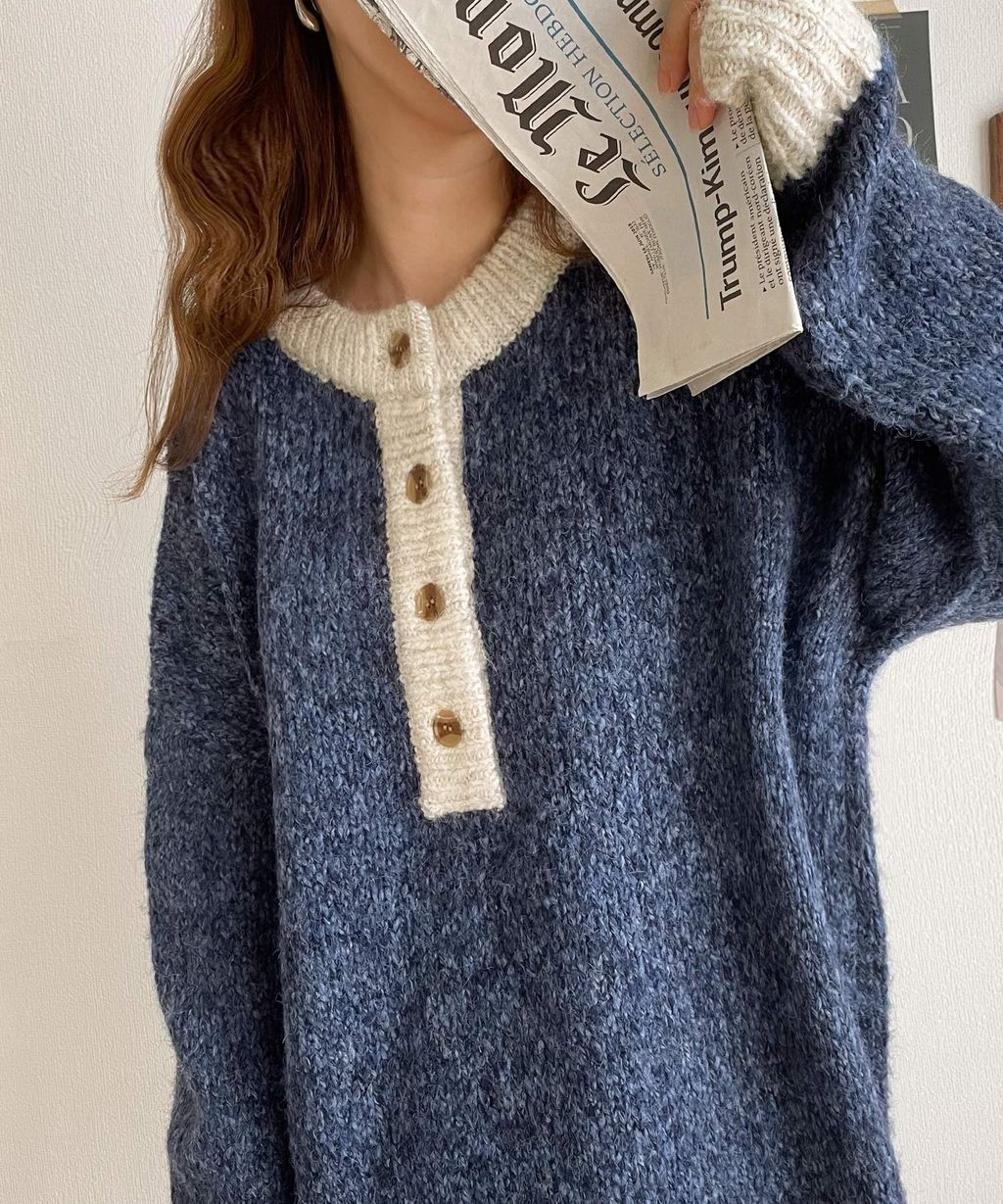 java 前後兩穿復古混紗保暖亨利領針織上衣_7