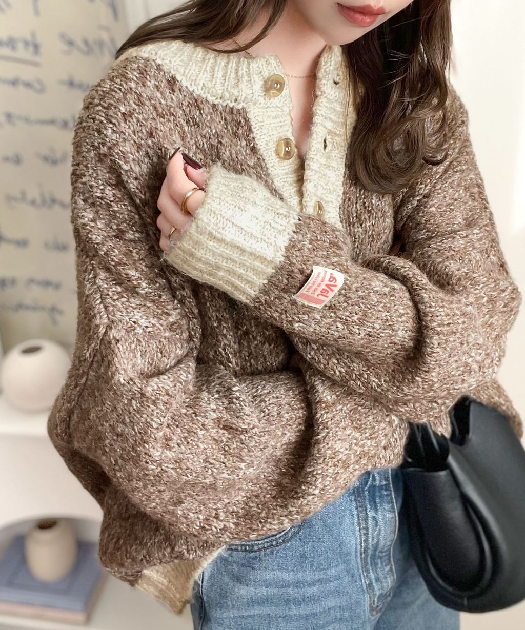 java 前後兩穿復古混紗保暖亨利領針織上衣_3