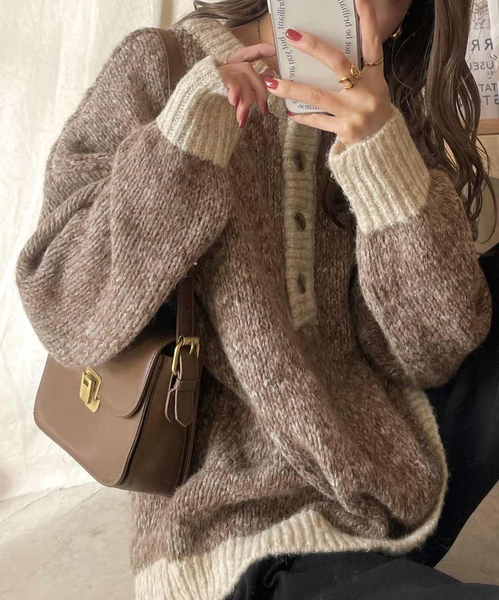 java 前後兩穿復古混紗保暖亨利領針織上衣_32